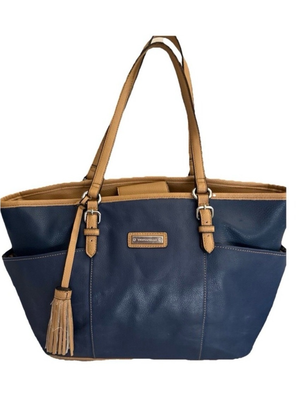 TIGNANELLO Midnight Blue Leather Shoulder Bag Double Strap Tote Divided Interior